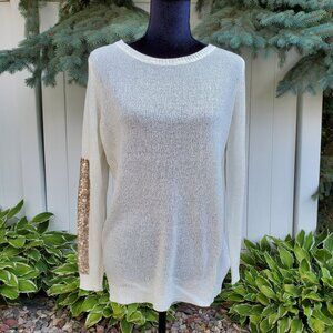 L Love Cream Knit Sweater with Rose Gold Sequins, Size M/L